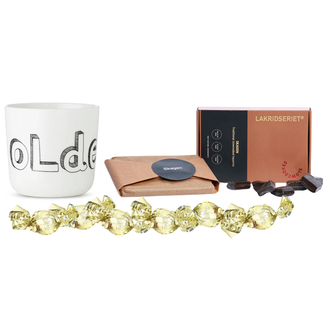 Oldemor-gavesæt med chokolade, lakrids og oldemor-kop